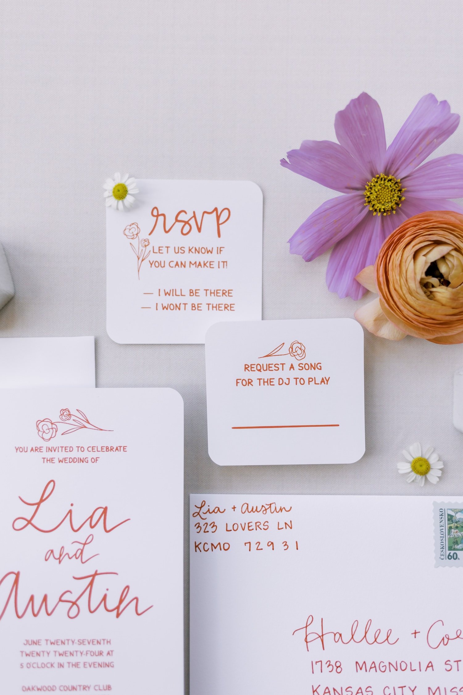 wedding invitations for a kansas city wedding at oakwood country club