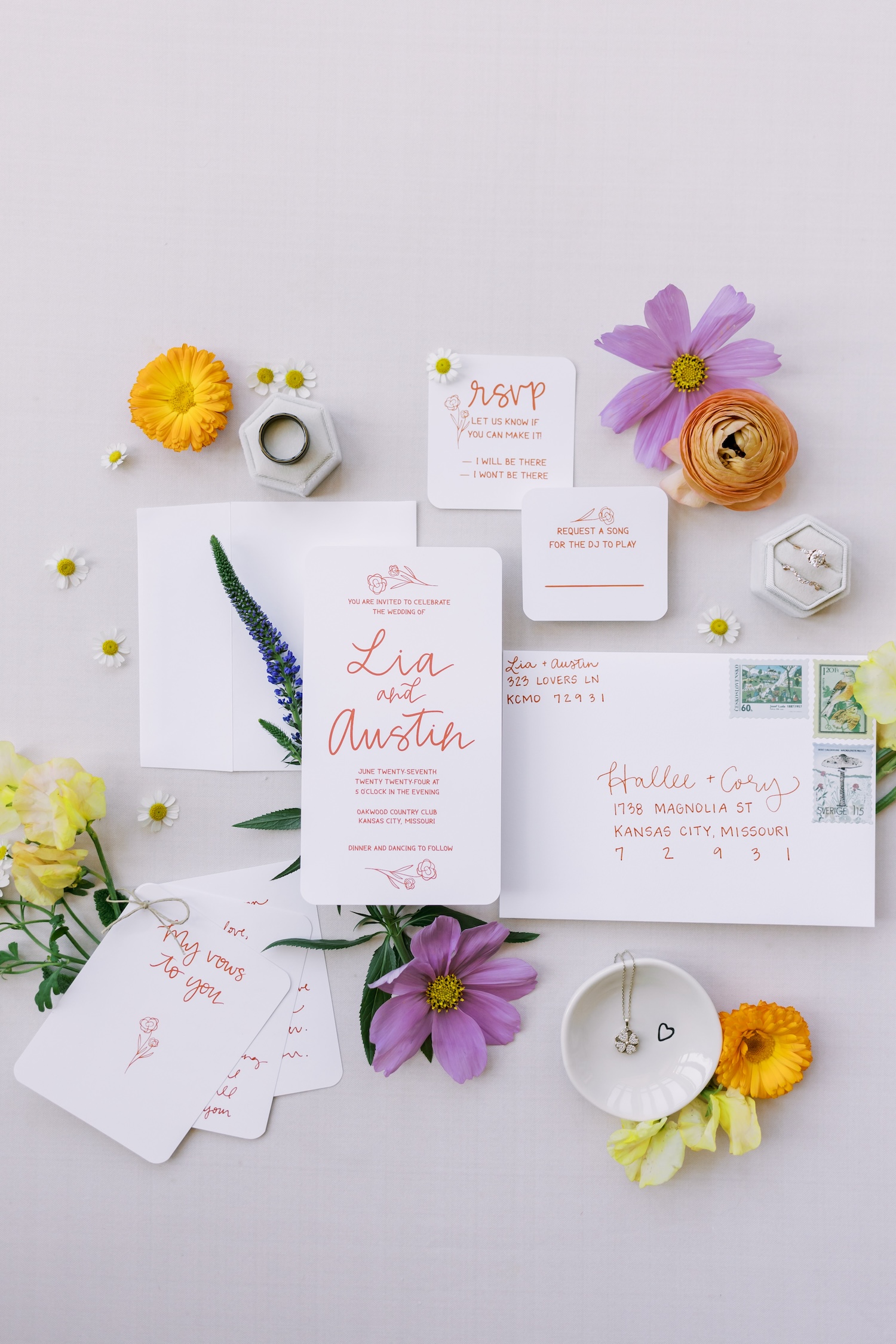 wedding invitations for a kansas city wedding at oakwood country club