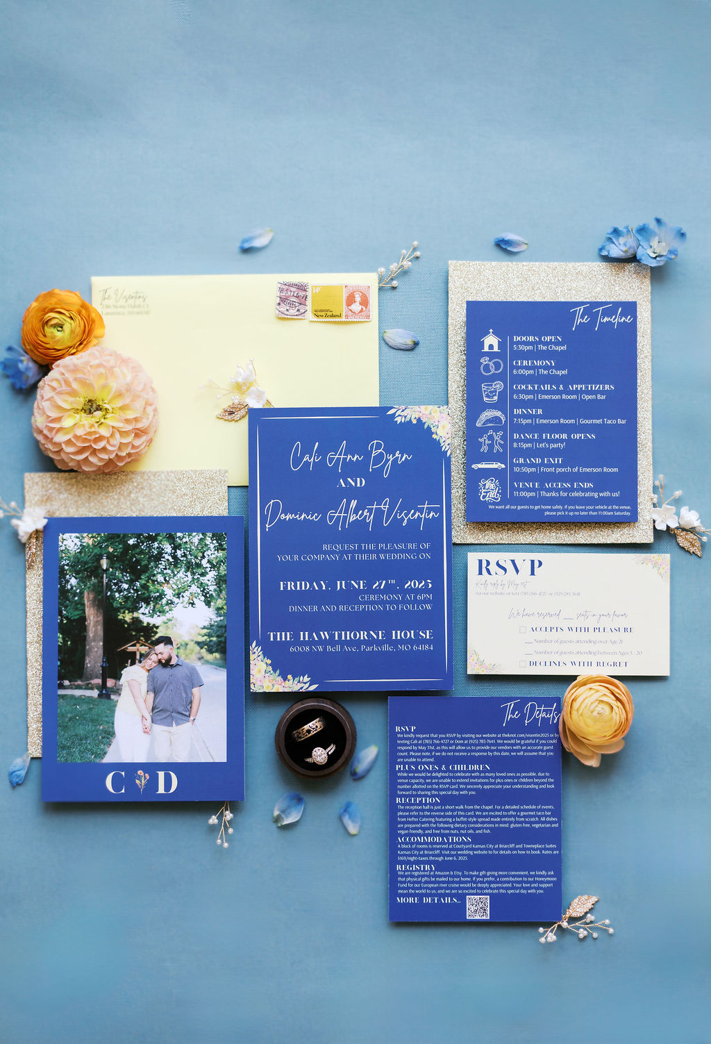blue white and yellow invitation suite for a hawthorne house wedding