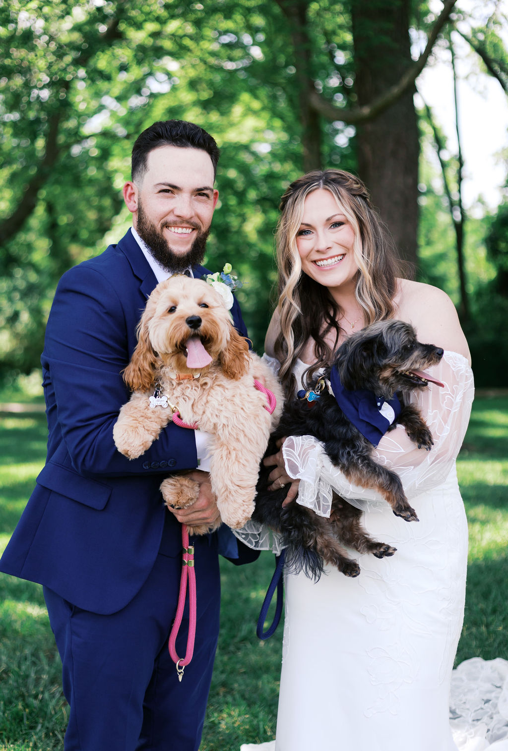 bride and groom portrait with dogs before their hawthorne house wedding