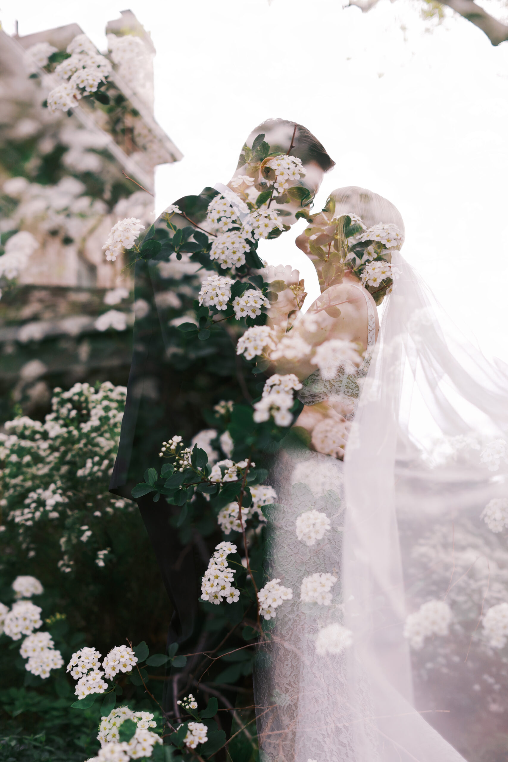 kansas city wedding at the simpson house with white roses lining the ceremony double exposure