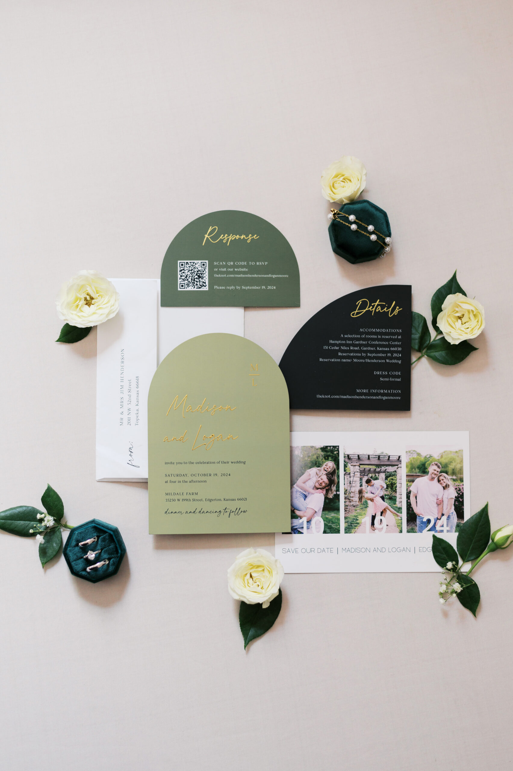 green and white invitation suite layflat photo