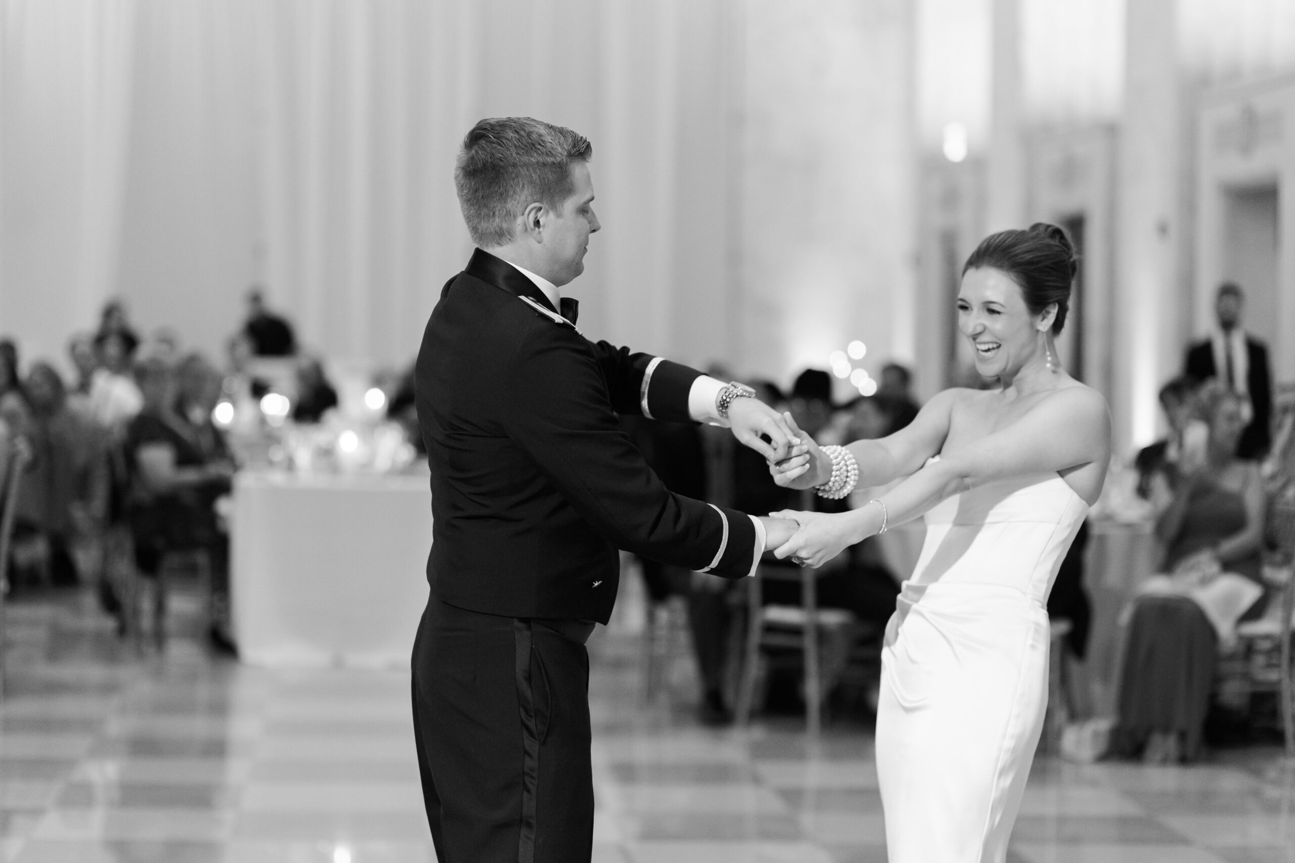 Black and white photo of the bride and groom dancing on the dance floor at the Old Post Office Chicago