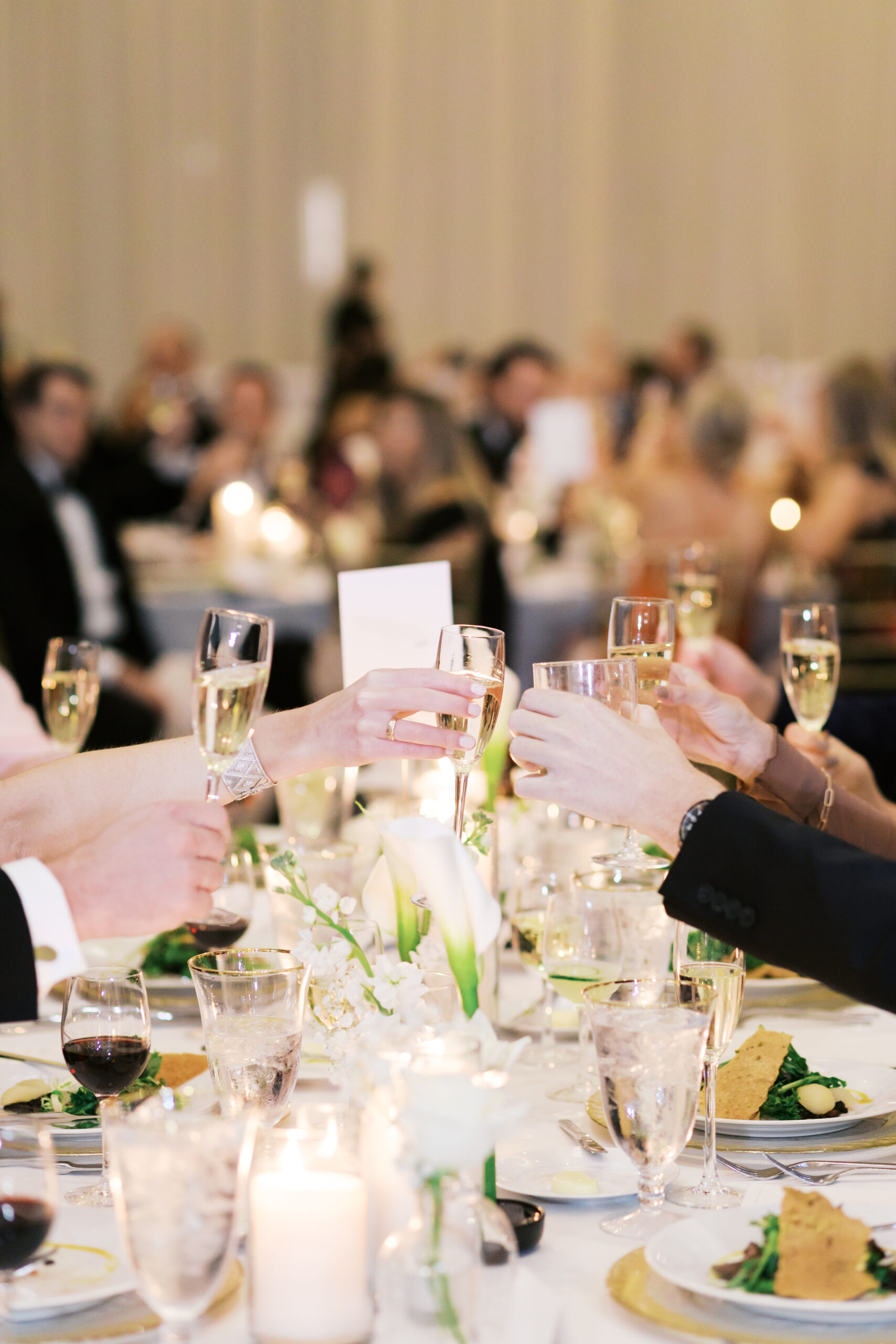 Guests clinking glasses across a table