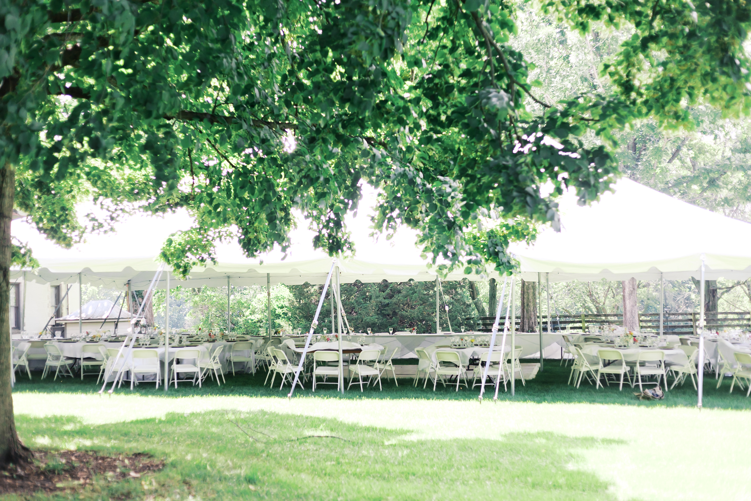 Large white reception tent surrounded by trees with round tables and folding chairs arranged underneath.