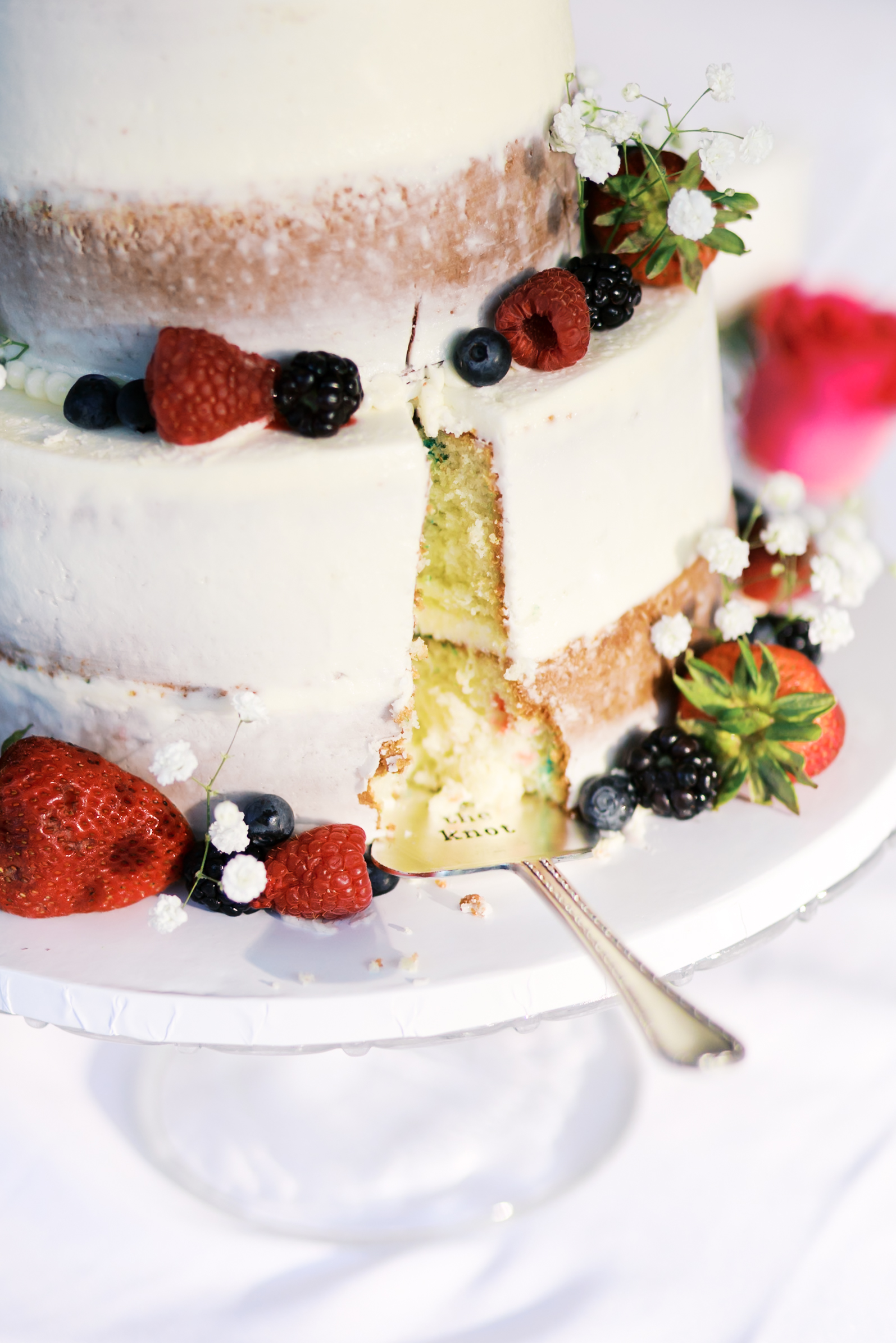Wedding cake with a slice cut out, with a cake cutter that says "the knot"