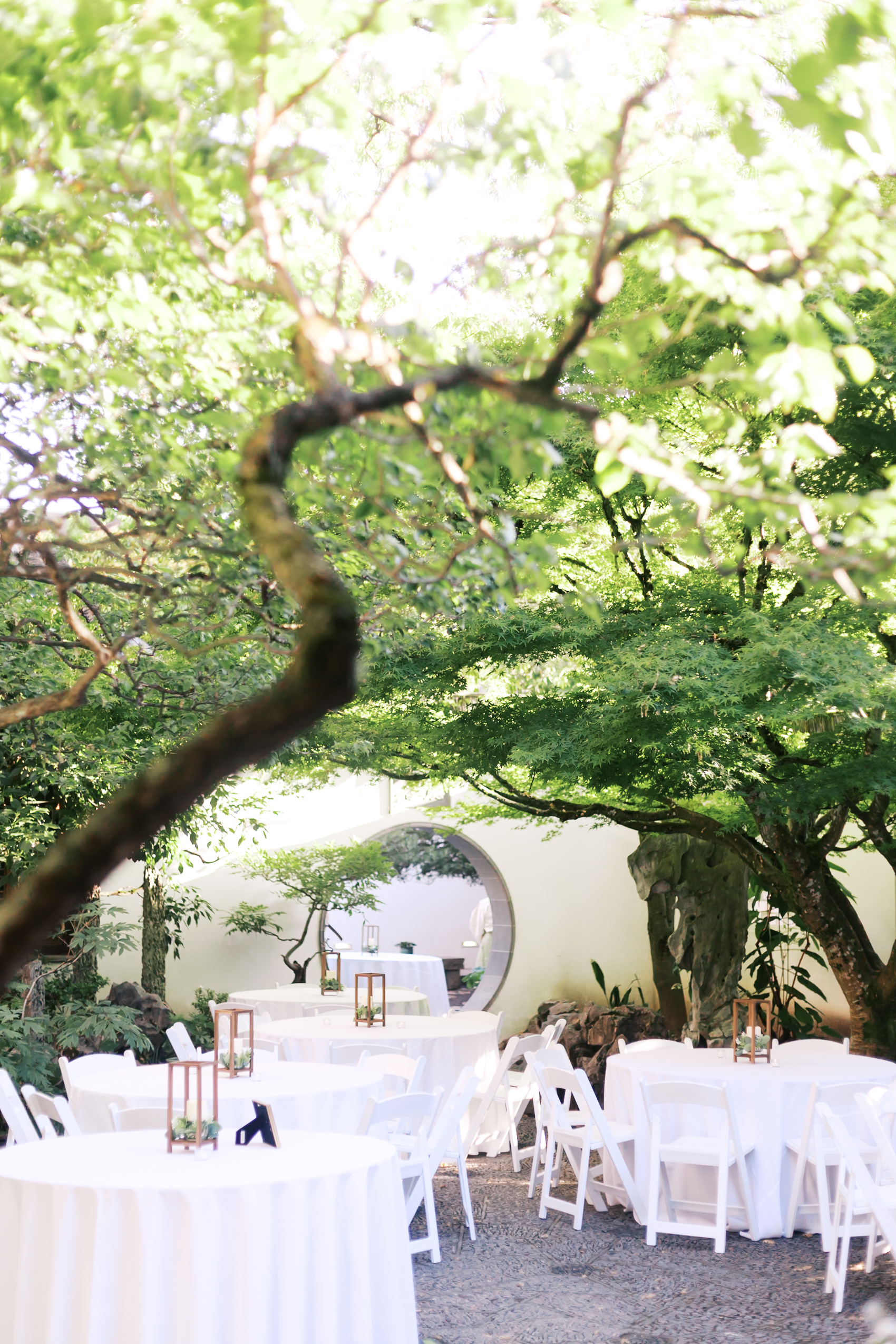 Outdoor wedding reception tables beneath lush green trees in a peaceful Chinese garden courtyard.