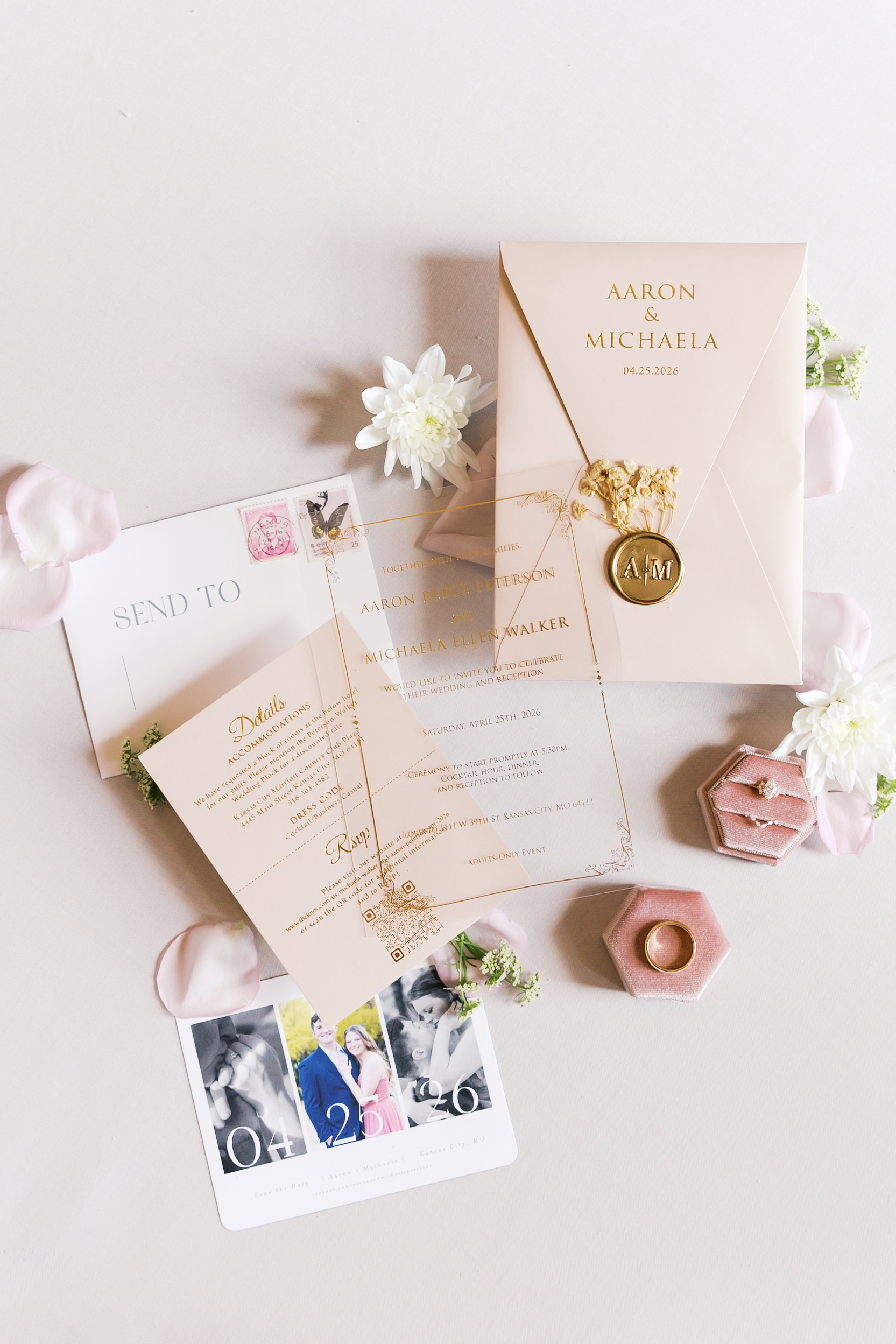 Elegant wedding invitation suite with gold foil details, wax seal, rings, and blush styling for a Loretto wedding.