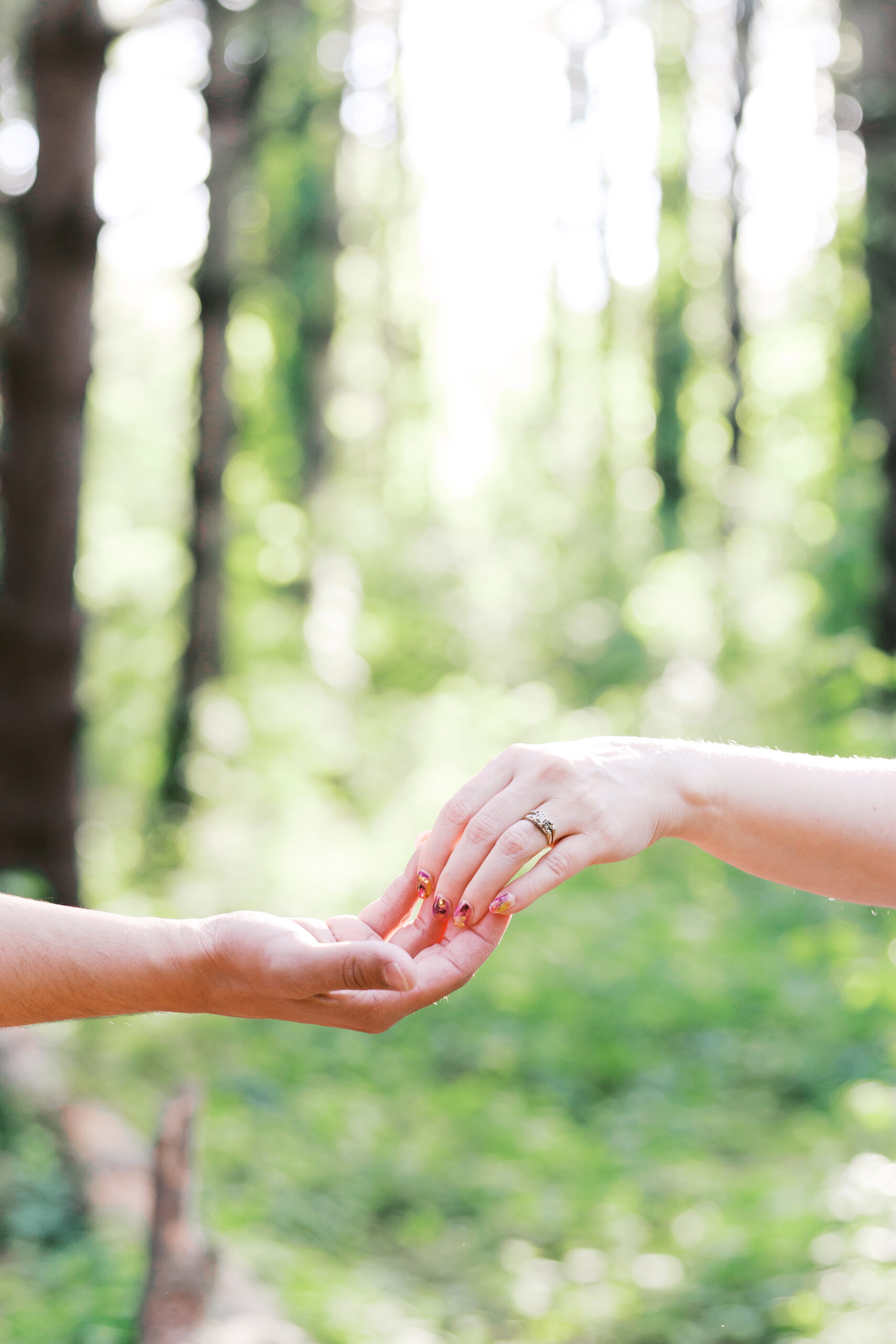 Close-up of an engaged couple's hands touching, her ring visible, in a sunlit forest at Burr Oak.