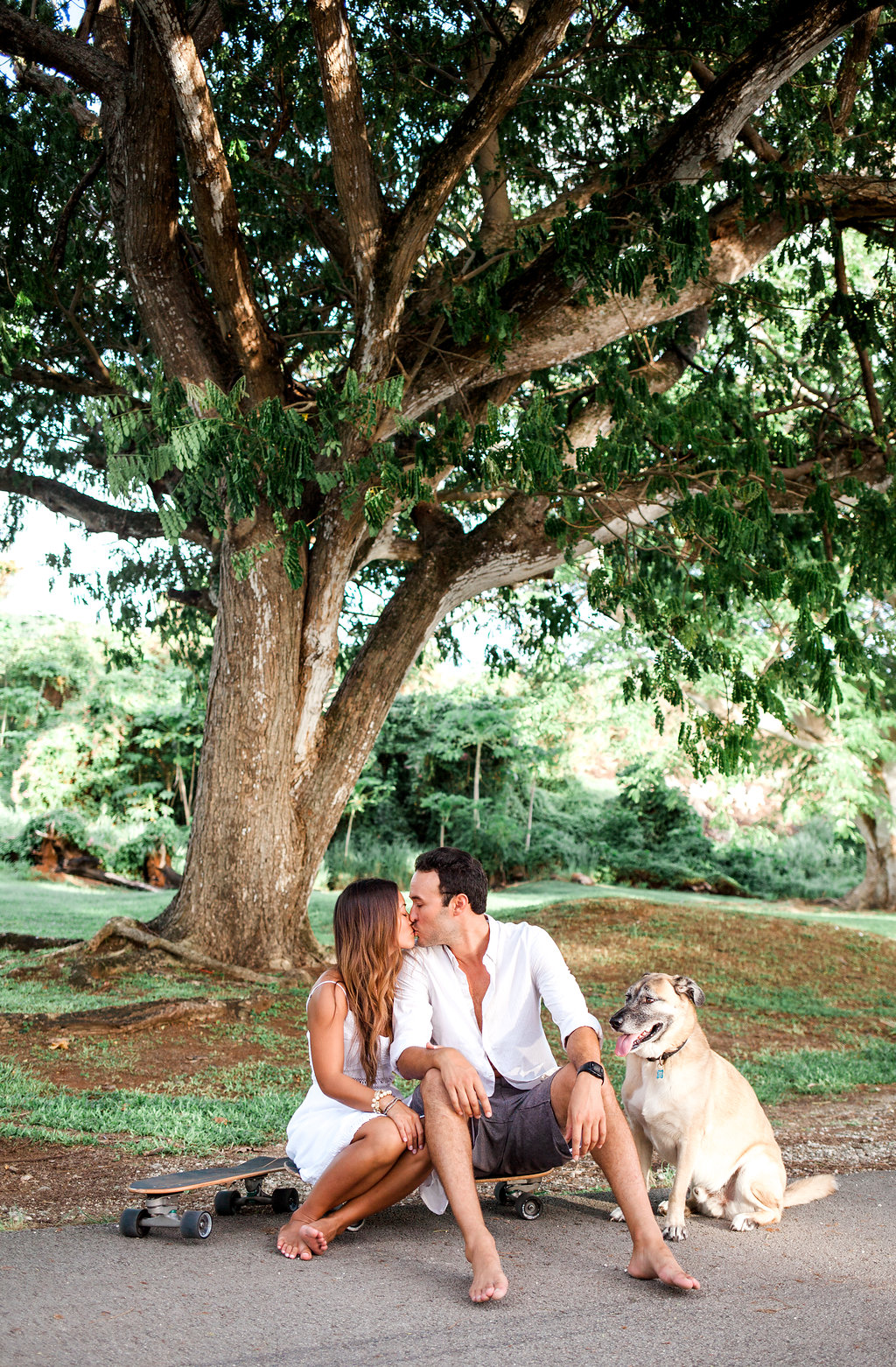 Couple kissing beneath a large tree with their dog and longboards during a casual engagement session.