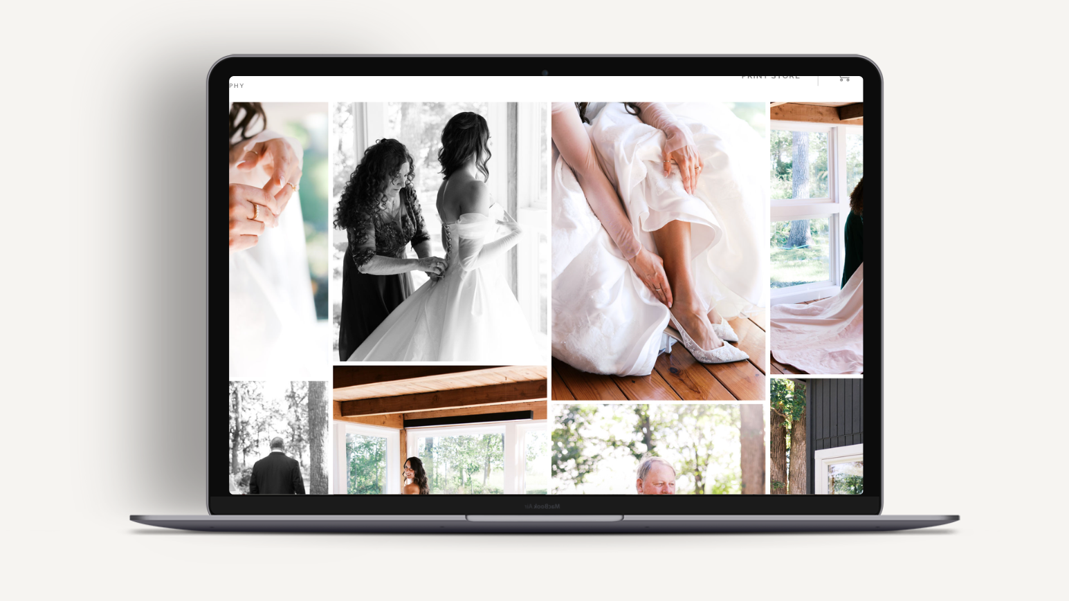 Laptop displaying an online wedding photography gallery with candid getting-ready moments, wedding dress details, and family photographs.